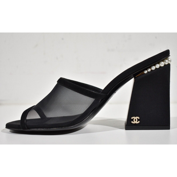 Chanel 22A Black Mesh Pearl CC Logo Block Heel Backless Mule Sandal Pump 40.5 - Picture 7 of 12